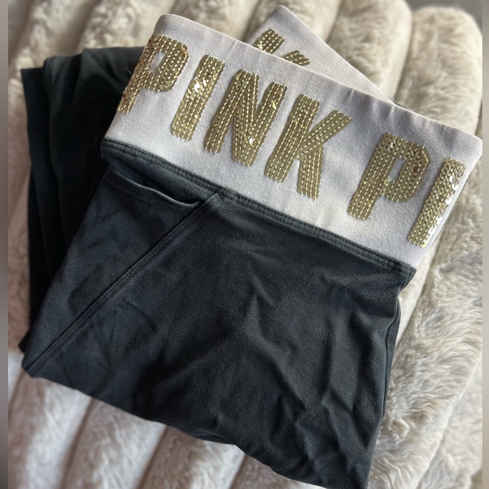 PINK Victoria's Secret Black Leggings with Gold Sequin Logo